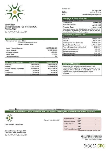 Modèle Word et PDF de relevé hypothécaire de la Banque Islamique du Niger (BIN) du Niger